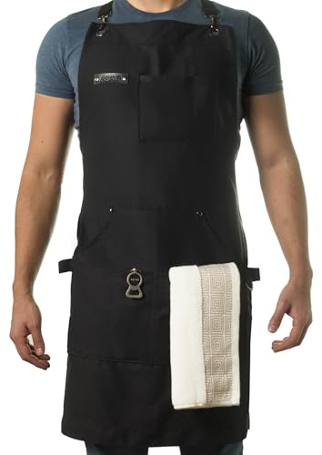 Asaya Chef, BBQ and Work Apron with Bottle Opener and Hand Towel - Durable 10oz Cotton Canvas, Brass Hardware and Cross Back Straps - For Men, Women, Grilling, and Cooking