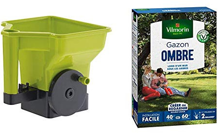 VILMORIN - Semoir à gazon/Engrais à manivelle - Dosage précis et pratique des produits à répandre - 21 cm x 24 cm x 22,5 cm - Contenance : 3 litres - Vert et noir & 4466514 Gazon Ombre, Vert, 1 kg