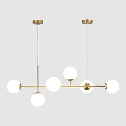 KCO Lighting lámpara de araña de 6 luces de cristal lechoso, Moderna Lámpara De Araña De Globo Lineal, Boule Verre De Suspensión De Oro Blanco De Mediados De Siglo Para Isla De Cocina