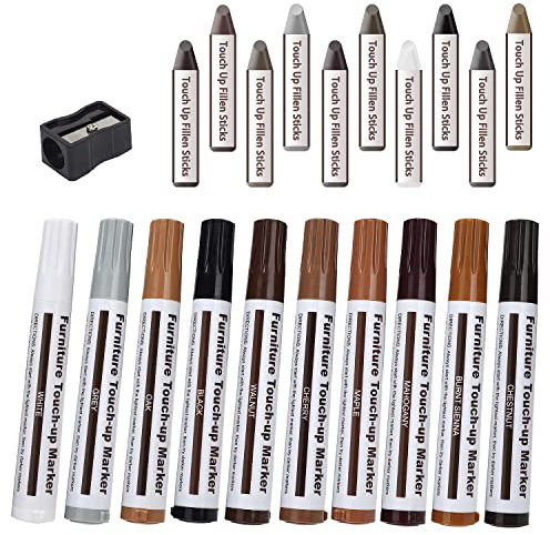 Wood Scratch Repair Kit, KMEIVOL 21 Pcs Wood Filler Laminate Floor Repair Kit,Furniture Touch Up Pens and Wax Sticks with Sharpener Kit for Funiture,Floor Scratch