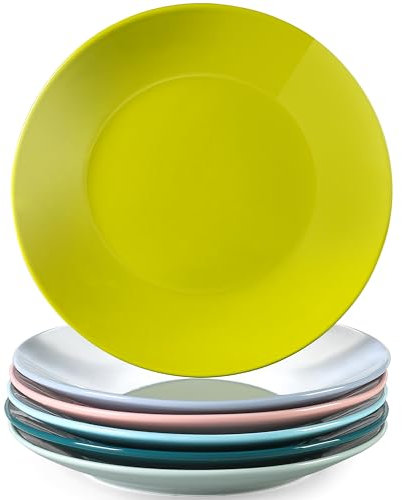 LOVECASA, Series Sweet, 6 Pieces Dessert Plate Porcelain Dinnerware Set Dinner Plate Set Dinner/Salad/Fruit/Snack Plate, Dinner Plate Pack of 6, Cool Assorted Colour, 21.5 x 21.5 x 2.5 cm