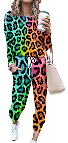 FANSU Sweatshirt Set Damen, Leopard Muster Drucken Jogginganzug Oversized Sweatshirt Ohne Kapuze Mode Sportanzug Trainingsanzug 2 Teilig Langarm Top + Lange Hose mit Taschen