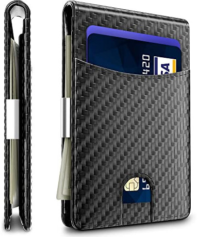 Bossano Geldbörse für Herren mit Geldklammer | Schlanke Herren-Geldbörse mit RFID-Blockierung, Ausweisfenster, 6 Kartenfächern und Metallclip, Carbon Fiber, Skinny, Modern