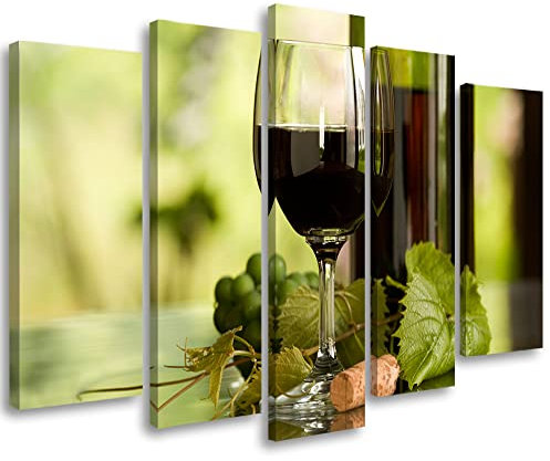 Feeby Stampa su Tela 100x70 cm Vino Bicchiere Bottiglia Foglia d'uva 5 parti Quadro Foto d'Arte Decorazione Murale Corridoio Sughero Bevanda Alcool Uva verde