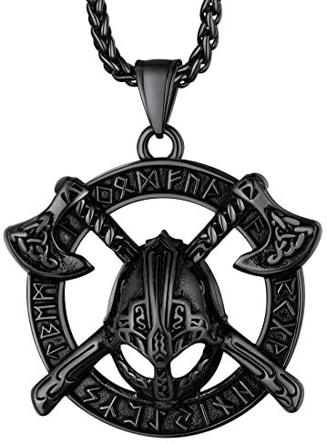 Richsteel Norse Jewellery Men Viking Double Axe Pendant Runes Necklace for Women Black Mens Necklaces