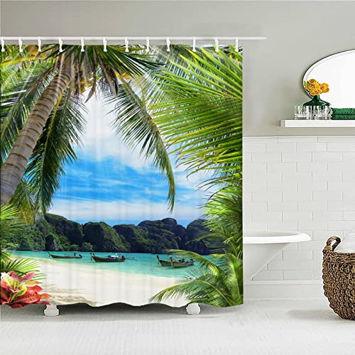 HYFBH 1PC Vert Plantes Tropicales Rideaux de Douche pour Salle de Bain Polyester Seaworld Rideau de Douche Impression Rideau Plage Rideaux de Douche 90x200cm/WxH