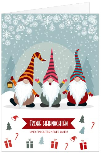 Weihnachtskarten Set Wichtel Trio mit Umschlag (Klappkarten 17x12 cm - nicht das kleinere A6 Format) (50 Stück)