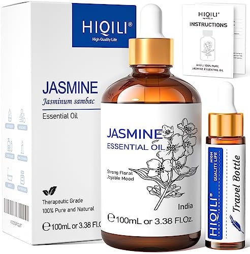 HIQILI Jasmine Essential Oils 100ML, 100% Pure Natural Jasmine Oil, for Perfume, Diffuser, Skin Care, Hair, Sleeping, Shampoo, Aromatherapy - 3.38 FI Oz