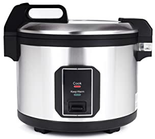 Arrocera comercial de acero inoxidable – Cocina profesional de 64 tazas (32 tazas sin cocinar) con olla antiadherente y tapa con bisagras, incluye una taza medidora de arroz y cuchara de arroz