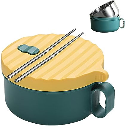 Bol à ramen en acier inoxydable avec baguettes, 1200 ml, bol à soupe japonais, bol à ramen avec couvercle, bol instantané, vaisselle japonaise (vert + jaune)
