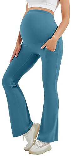 HEGALY Damen Schwangerschafts-Flare-Leggings über dem Bauch – Bequeme Schwangerschafts-Yoga-Hosen mit Taschen, butterweich, Blaugrün, Blau, M
