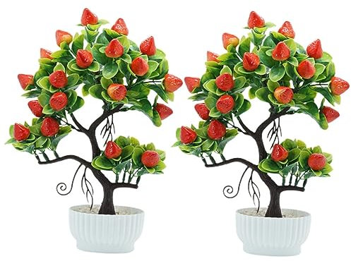 Garneck 2st Künstlicher Obstbaum Simulation Künstlicher Pfirsichbaum Im Topf Mini-erdbeerbaum Pfirsich-Bonsai Künstliche Obstpflanze Grün Schreibtisch Kleiner Bonsai-Baum Büro Schaumstoff