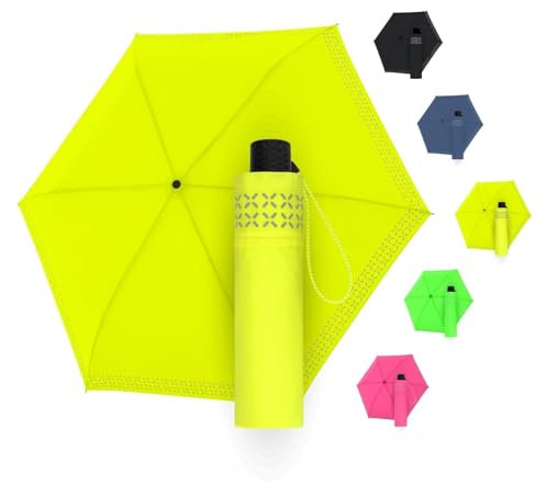 Doppler Regenschirm Safety Reflect in neon yellow I Regenschirm mit reflektierendem Rand & Handöffner I Mini Schirm mit passender Schirmtasche I Leichter Taschenschirm für Unterwegs