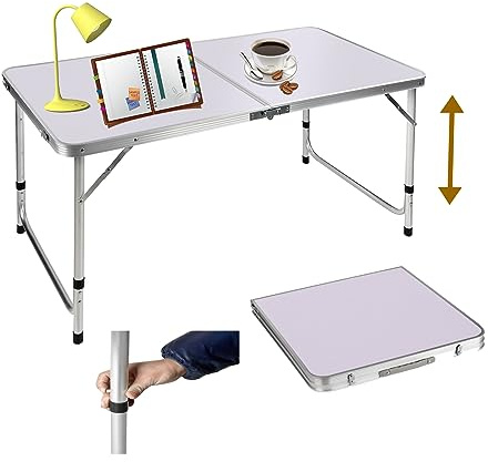 Table basse pliante robuste de 120 cm dans la table basse avec 3 hauteurs réglables, portable, table basse pliante pour barbecue, blanc
