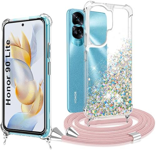 XCYYOO Coque Honor 90 Lite avec Cordon Housse Honor 90 Lite Coque Sangle Dragonne Transparent Silicone Etui Sables Mouvants Bling Collier Lanyard Réglable Téléphone Portable Honor 90 Lite Case