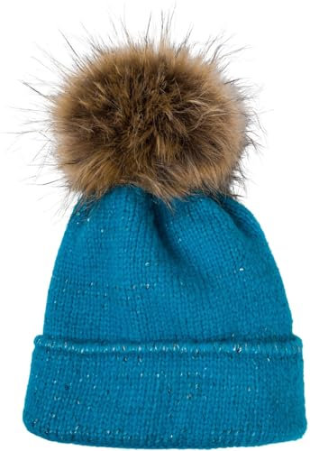 styleBREAKER Damen Strick Bommelmütze Einfarbig mit Pailletten und Fleece Futter, Winter Fellbommel Mütze, Strickmütze 04024210, Farbe:Petrol