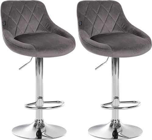 CLP 2er Set Barhocker Lazio Mit Samtbezug I Drehbarer Thekenhocker Mit Fußstütze I Höhenverstellbarer Barstuhl Mit Trompetenfuß, Farbe:grau, Gestell Farbe:Chrom