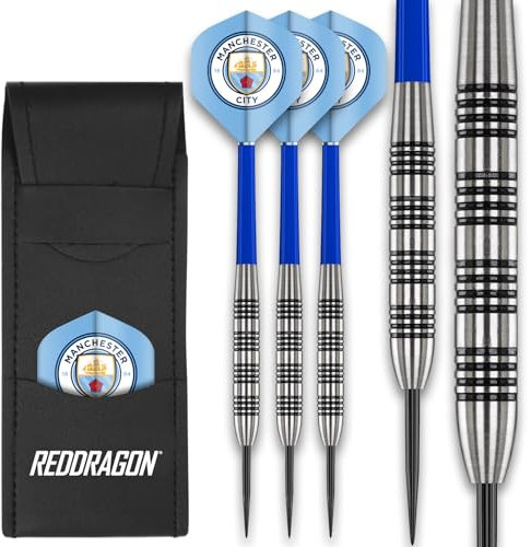 FOCO Offiziell lizenziert Manchester City FC Flüge mit 80% Tungsten 24 Gramm Red Dragon Profi Dartpfeile Metallspitze Satz Einschließlich Dartpfeile Schäfte & Darts Bar Geldbörse