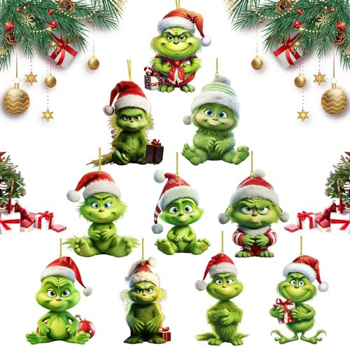 Grinch Weihnachtsschmuck, 10 Stück Grinchs Weihnachtsbaumschmuck, Grinch Weihnachtsdekorationen, Grinch Hängende Ornament, Grinch Deko Weihnachtsbaum Dekorationen Anhänger, für Zuhause, Urlaub