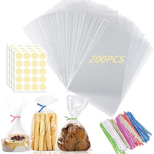 Rhimooay 200 Stück Kleine Tüten für Süßigkeiten, 25x18 cm Plastiktüten Cellophantüten Klein, Süßigkeiten Tüten, Candybar Tüten, Kleine Tütchen Zellophantüten für Hochzeit
