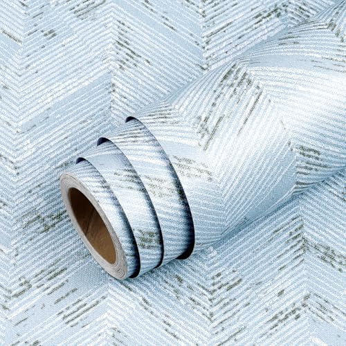Livelynine Peel and Stick Wallpaper Blue Geometric Herringbone Pattern 40CMx5M Stick on Wallpaper Bedroom Bathroom Feature Wall Paper Sticky Back Plastic Blue Faux Linen Contact Paper for Furniture