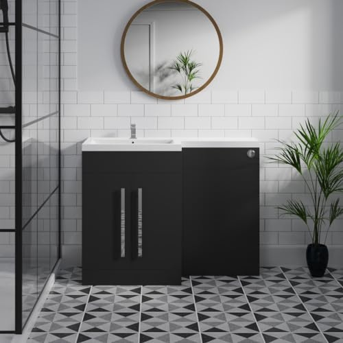 Aquariss 1100mm LH L Shape Matt Black Vanity Sink Unit Cistern Flat Packed | Concealed Cistern, Painting Finish, Cabinet Bathroom Furniture Storage, Soft Closing Doors