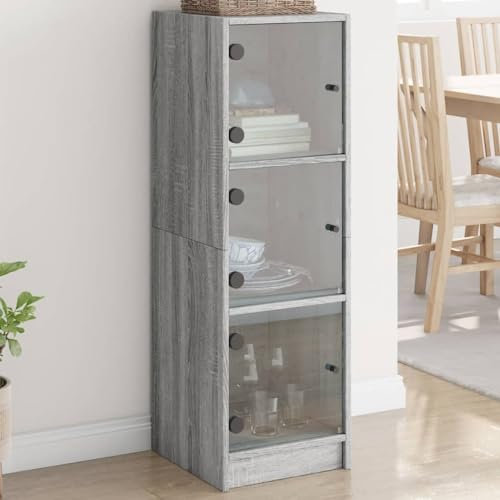LAPOOH Highboard mit Glastüren Grau Sonoma 35x37x109 cm, Wohnzimmerschrank, Sideboard Wohnzimmer, Esszimmermöbel, Vitrinenschrank, Hochschrank - 836390