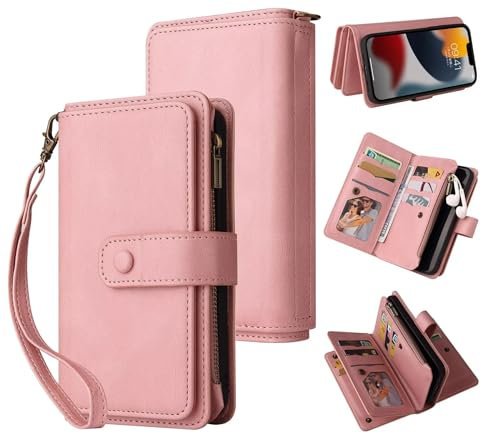 Belzsxy Coque pour iPhone 13 Mini,[Housse en Cuir PU Premium][Etui à Rabat][15 Porte Cartes][Pochette de Portefeuille],Collier Coque Housse Etui pour iPhone 13 Mini - Rose
