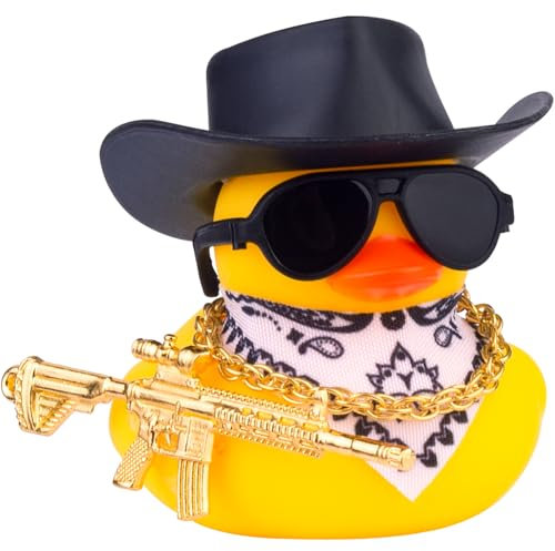 Mwmoeen Ente für Auto Armaturenbrett Dekorationen, Gelbe Gummiente Auto Ornamente mit Cowboyhut Sonnenbrille Goldenen Ketten Halstuch und Coole Requisite für Auto, Büro, Zimmer Dekoration