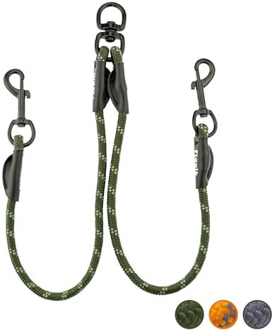 Floxik Tau Doppelleine für 2 Hunde grün - reflektierend, dehnbar und verhedderungsfrei – Doppelte Hundeleine zum Koppeln - perfekt für mittelgroße Hunde