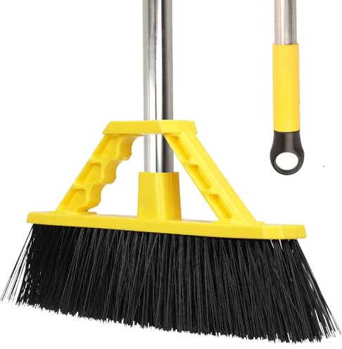 17.3 inch Push Broom Heavy Duty Broom with Stiff Bristles,Long Handle Outdoor Broom for Floor Cleaning,Garage Broom for Deck Driveway Yard Patio Warehouse (yellow)