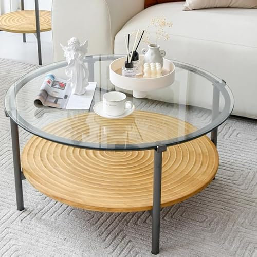 Zouron Table de Salon à Deux Niveaux, Table Basse Ronde en Verre Trempé et Bois de Pin, 79.5 * 79.5 * 40.5 cm