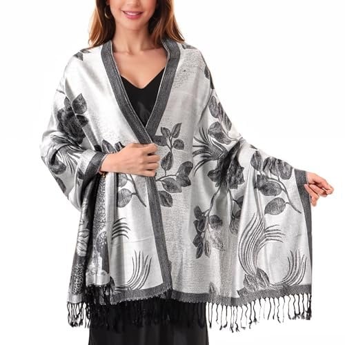 Lamca Pashmina Schal Damen, Elegant Weich Schultertuch Schal für Damen, Leicht Frauen Halstuch Stola mit Blumen Muster - Quaste Tuch Lang Damen