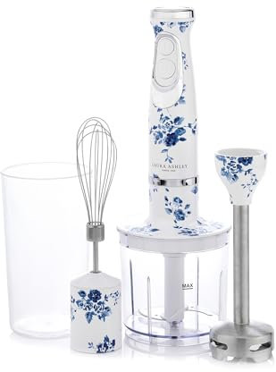 Laura Ashley Licuadora de Mano 600 W con Estampado de China Rose por VQ - Batidora de Varilla 4 en 1 con Cuchillas de Acero Inoxidable Duraderas, Batidor, Bol Para Picar, Vaso Mezclador y Vertedor