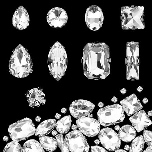 JJUNW 240 diamantes de imitación para coser, formas mixtas, diamantes de imitación de cristal para coser en gemas de cristal mentales con parte trasera plana, garra plateada para joyas, manualidades,