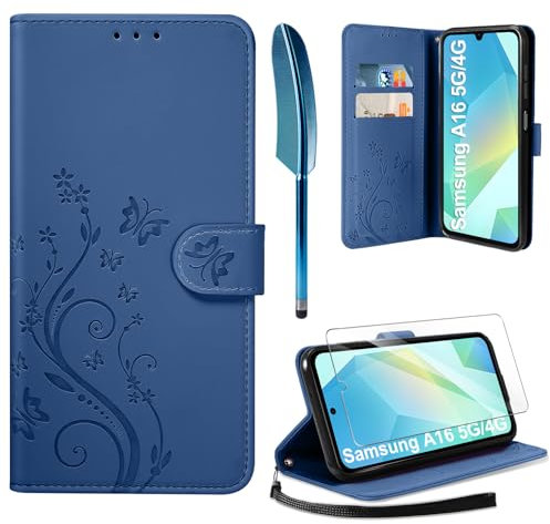 AROYI Cover Compatibile con Samsung Galaxy A16 5G/4G e Vetro Temperato, Retro Design Flip Caso in PU Pelle Premium Portafoglio Slot per Schede Chiusura Magnetica Custodia Blu Scuro