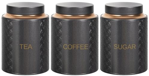 Bayseun Tea Coffee Sugar Canisters, Set of 3 Tea Coffee and Sugar Canisters for Home, Easy Open & Airtight Lids, Tea Caddy, Kitchen Storage Jars, Decorative Stainless Tins, Grey