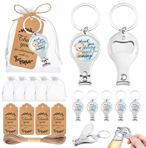 Set di 50 apribottiglie per baby shower, bomboniere per gli ospiti, piccolo orso tagliaunghie, apribottiglie, portachiavi, regalo di ritorno e souvenir con sacchetti di organza biglietti di