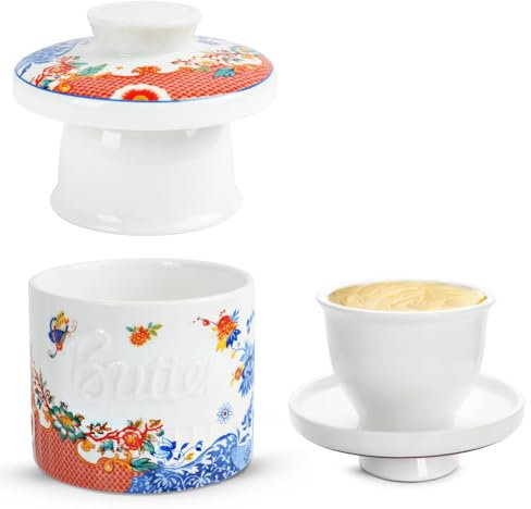 Beurrier à Eau en Porcelaine et Céramique avec Couvercle en Relief - Plat à Beurre Français Vintage pour Beurre Mou - Coloré