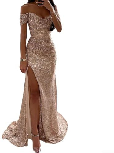Damen Elegant V-Ausschnitt Split Long Kleid mit Pailletten für Hochzeiten und Abendpartys (S Gold)