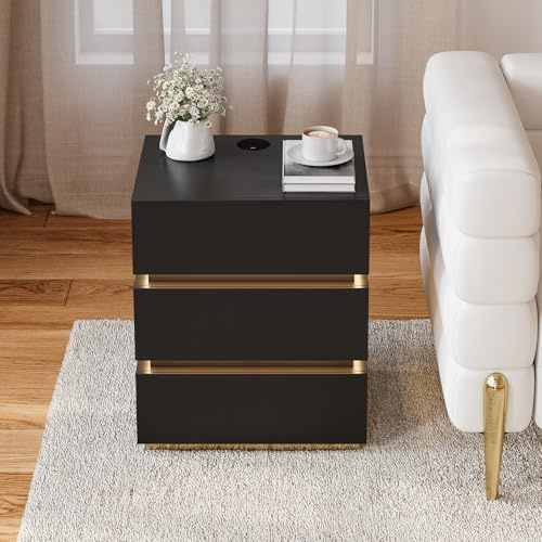 Homary LED Smart Nachttisch mit kabelloser Ladestation, Nachttisch mit Schubladen & USB-Anschlüssen, Modernes Nachtkästchen mit LED-Beleuchtung für Schlafzimmer (Led Schwarz 3 Schubladen)