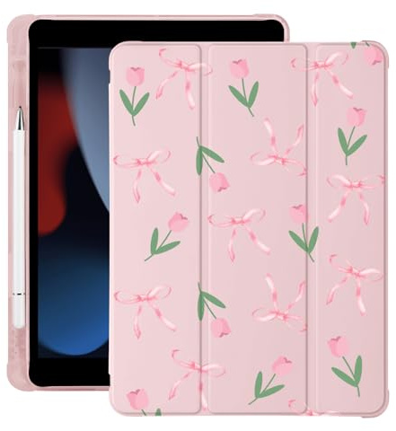 BlHMCASE Niedliche Kawaii-Schleife Blume für iPad Air 11 Zoll Hülle 7th/6th Generation (M3/M2) 2025/2024 mit Stifthalter, Auto Sleep/Wake, Rosa Leder Soft TPU Back Cover