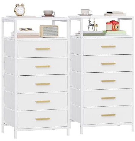 Hzuaneri Nachttisch 2er Set, Beistelltisch mit 2 Stoff-Schubladen und Regalen, Offenes Fach, Couchtisch, Nachtschrank Schlafzimmer, für Wohnzimmer, Schlafzimmer, Weiß NS50813W