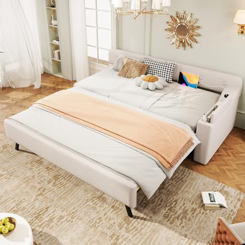 NovaFurnish Sofá cama, cama diurna, 90 x 200 cm, sofá cama con somier (sin colchón), con cama nido extensible con compartimento plegable, USB+Type-c, lino (beige)