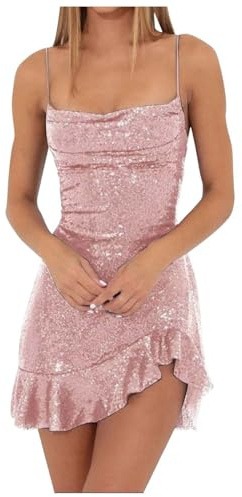 Duohropke Robe à paillettes pour femme - Bretelles spaghetti - Dos nu - Jupe courte - Robe de fête avec col rond - Robe de cocktail - Robe de bal - Robe trapèze - Mini robe de fête - Robe de soirée