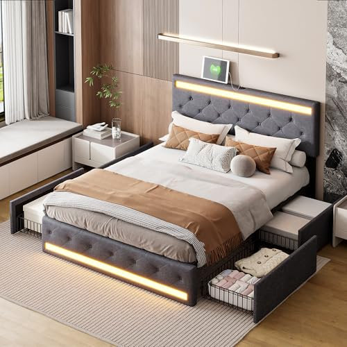 TIMORWTF Lit 140x190 avec Sommier à Lattes LED et USB, Lit Coffre 140x190 avec 4 Tiroirs, Tête de lit Rembourrée Ajustable,Lits Double avec Rangement,Lits 2 Personnes pour Adultes, Lin, Gris Foncé