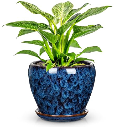 Arborus 11cm Blumentopf Keramik mit Abflussloch Übertopf mit Untersetzer | Pflanztopf Blau Keramiktopf für Zimmerpflanze Pflanzgefäß für Kräuter Kakteen Orchideen Tischdeko Balkon Fensterbank Deko