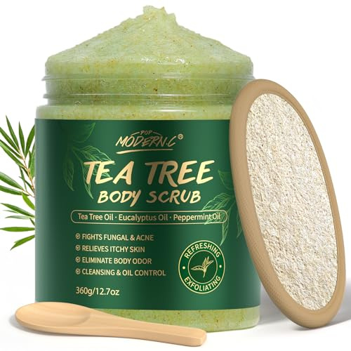 Teebaumöl Körper- und Fußpeeling, Linderung von Hautpilz, Juckender Haut, Juckreiz im Leistenbereich, Fußbeschwerden und Körpergeruch, Teebaum-Meersalz-Peeling zum Peelen und Befeuchten der Haut, 360g