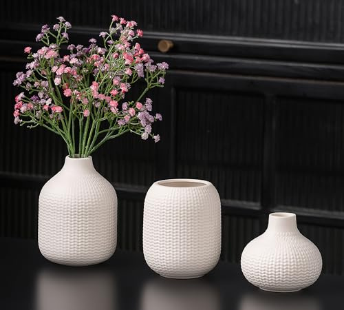 VASETOPIA Weiß Keramik Vase 3 Stück, Nordischer Boho Blumenvasen Home Decor für Pampasgras, Bücherregal, Flur (14 Weiß)
