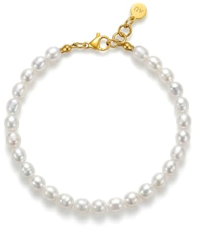 AUMIRELLE Perlenarmband Damen Gold mit Süßwasserperlen, 17–20 cm | 316L Edelstahl an Verschluss und Verlängerungskette, hautfreundlich; jede Süßwasserperle ist ein Unikat